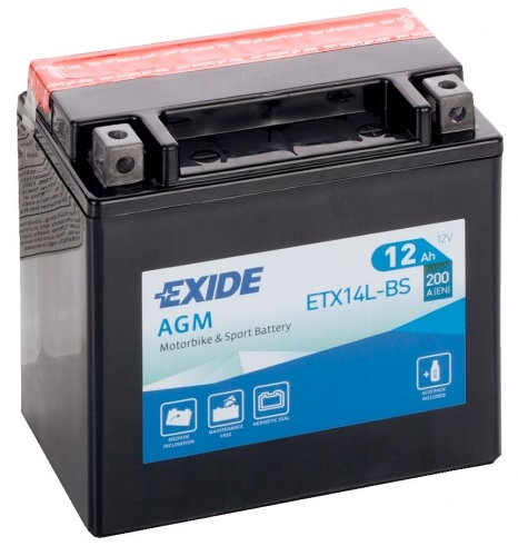 Аккумулятор EXIDE ETX14L-BS 12В 12Ач 200CCA 150x87x145 мм Обратная (-+)