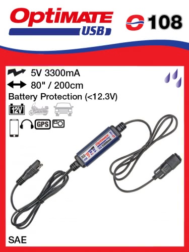 Влагозащищенное USB зарядное устройство 5В 3, 3А, SAE, O108, Optimate